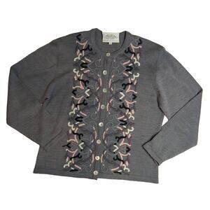 Susan Bristol Gray Embroidered Cardigan Wool Blend Size Medium Vintage